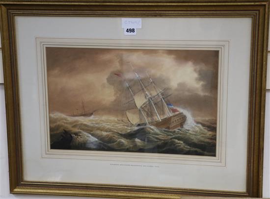 Attributed to Charles Augustus Momewick, Snr. (fl.1820-1875), watercolour, Dutch vessel in heavy scene 28 x 45cm